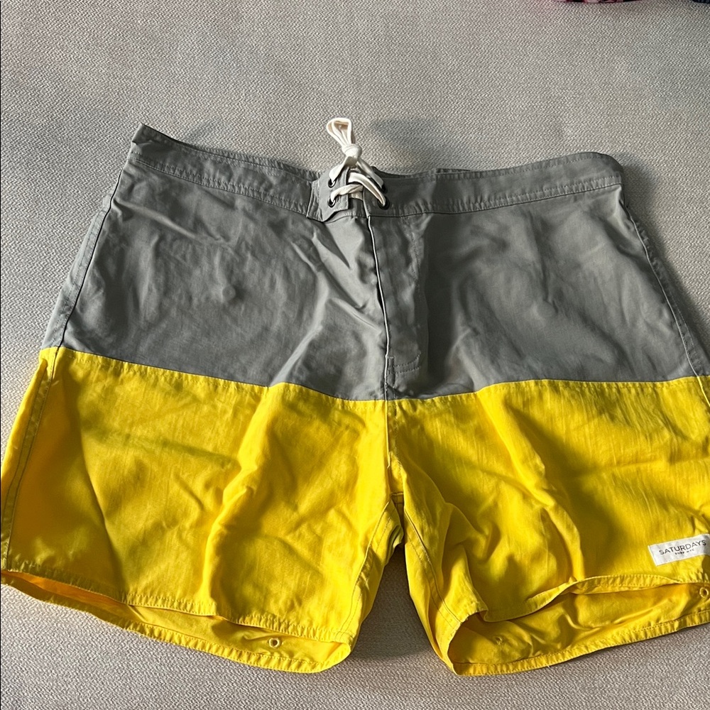 Saturdays Surf NYC Yellow and Grey Colorblock Swim Shorts